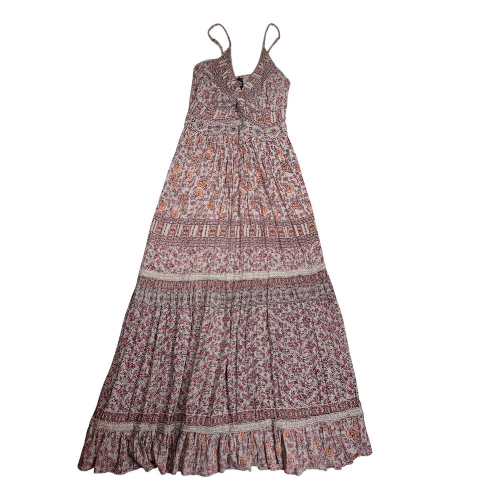 Angie Womens M Boho Floral Tiered Maxi Dress Rayon Smocked Back Cottagecore